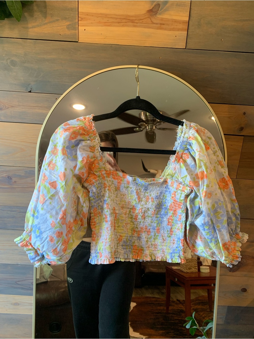 Billabong White Floral Smocked Crop Top with Puff Sleeves